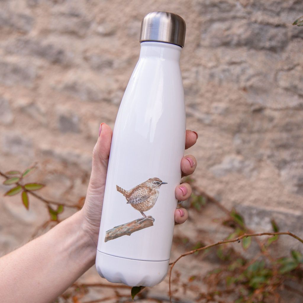 A white metal water bottle with a picture of a wren by Liz Corley Art