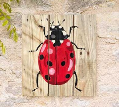 Wooden wall art hand painted with a ladybird by Liz Corley Art