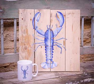 Wooden wall art hand painted with a lobster by Liz Corley Art