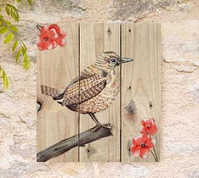 Wooden wall art hand painted with a wren by Liz Corley Art